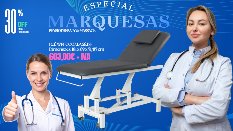 Marquesa elétrica bipartida, estrutura metálica muito estável. Equipada com 1 motor que permite o ajuste de altura por controle remoto. Encosto ajustável por pistão a gás. Almofada de apoio de cabeça removível com orifício para o rosto. Rodízios retráteis em uma das extremidades para facilitar a movimentação. Suporte para rolo de papel incluso.