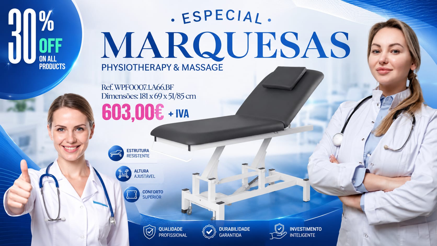 Marquesa elétrica bipartida, estrutura metálica muito estável. Equipada com 1 motor que permite o ajuste de altura por controle remoto. Encosto ajustável por pistão a gás. Almofada de apoio de cabeça removível com orifício para o rosto. Rodízios retráteis em uma das extremidades para facilitar a movimentação. Suporte para rolo de papel incluso.