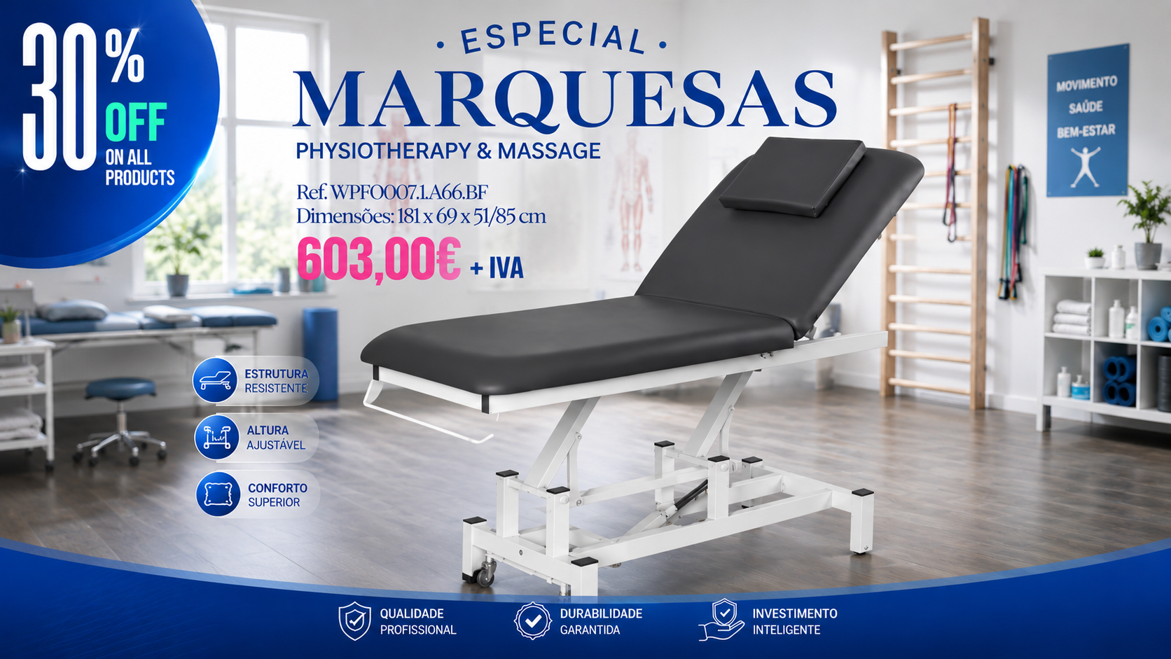 Marquesa elétrica bipartida, estrutura metálica muito estável. Equipada com 1 motor que permite o ajuste de altura por controle remoto. Encosto ajustável por pistão a gás. Almofada de apoio de cabeça removível com orifício para o rosto. Rodízios retráteis em uma das extremidades para facilitar a movimentação. Suporte para rolo de papel incluso.