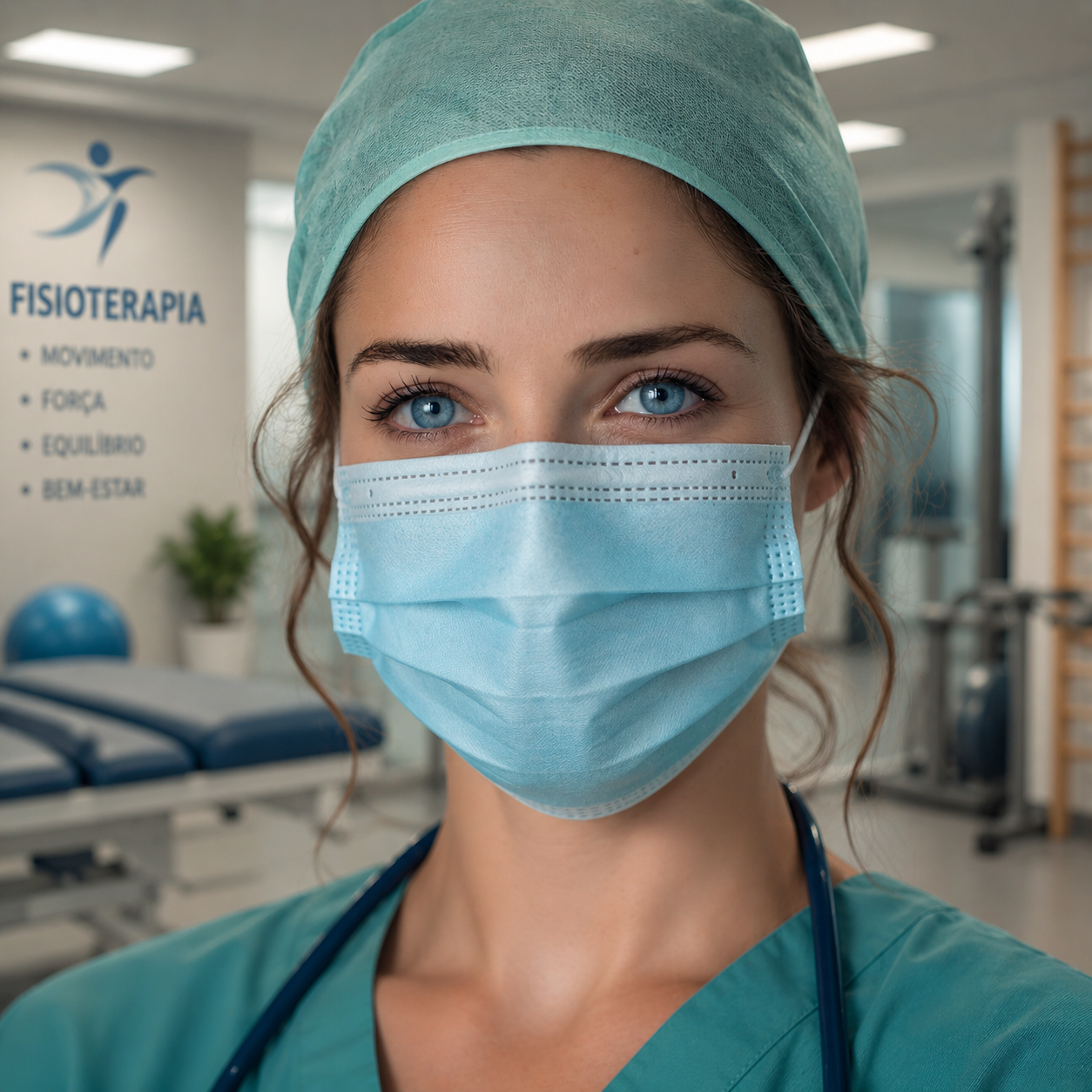 Profissional de saúde com máscara cirúrgica azul Tipo II e gorro verde, em clínica de fisioterapia