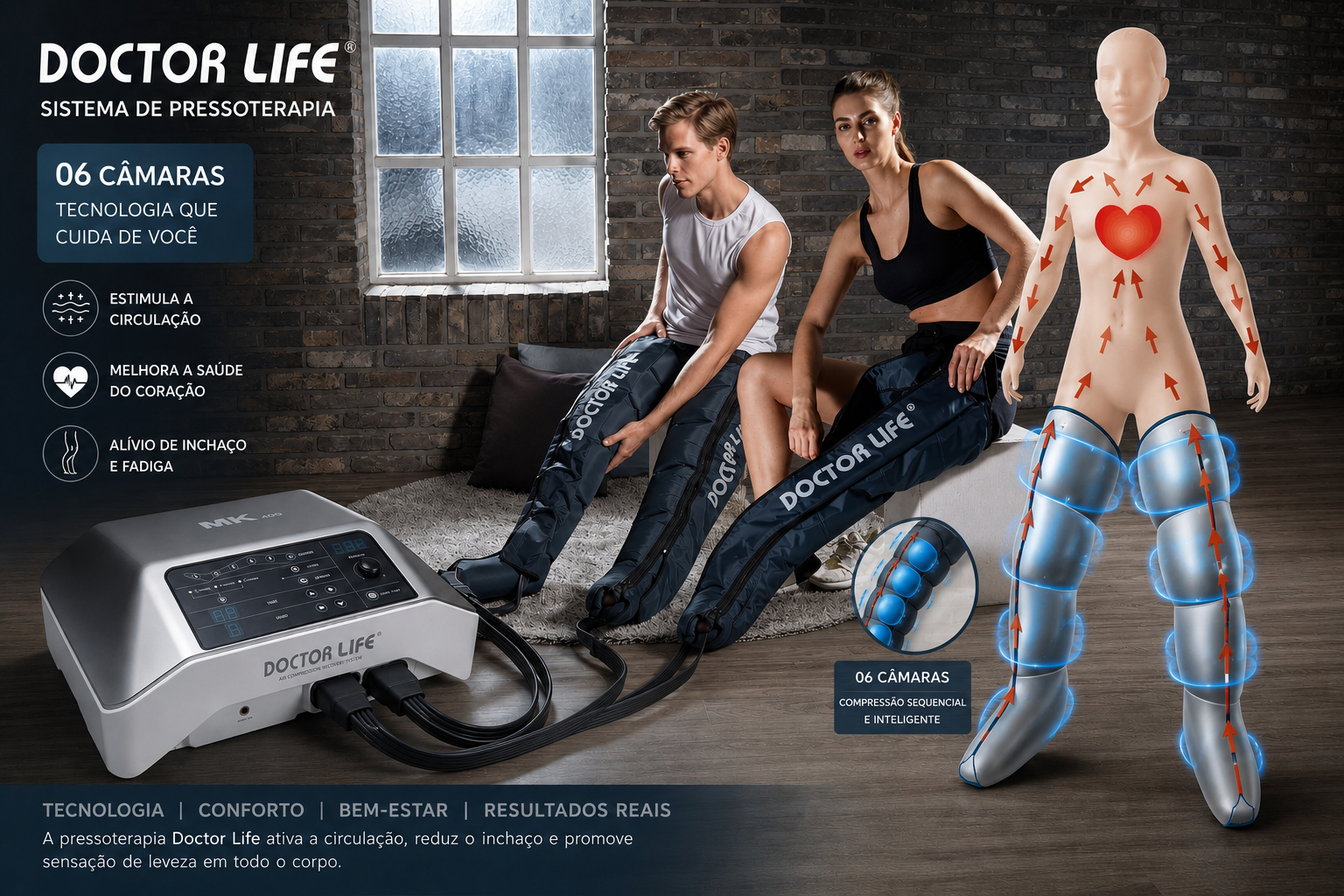Duas pessoas em roupas desportivas com equipamento de Pressoterapia de 06 câmaras marca Doctor Life, fazendo tratamento nas pernas e um boneco demostrando o que acontece com o nosso corpo quando estamos a fazer tratamento com Pressoterapia.