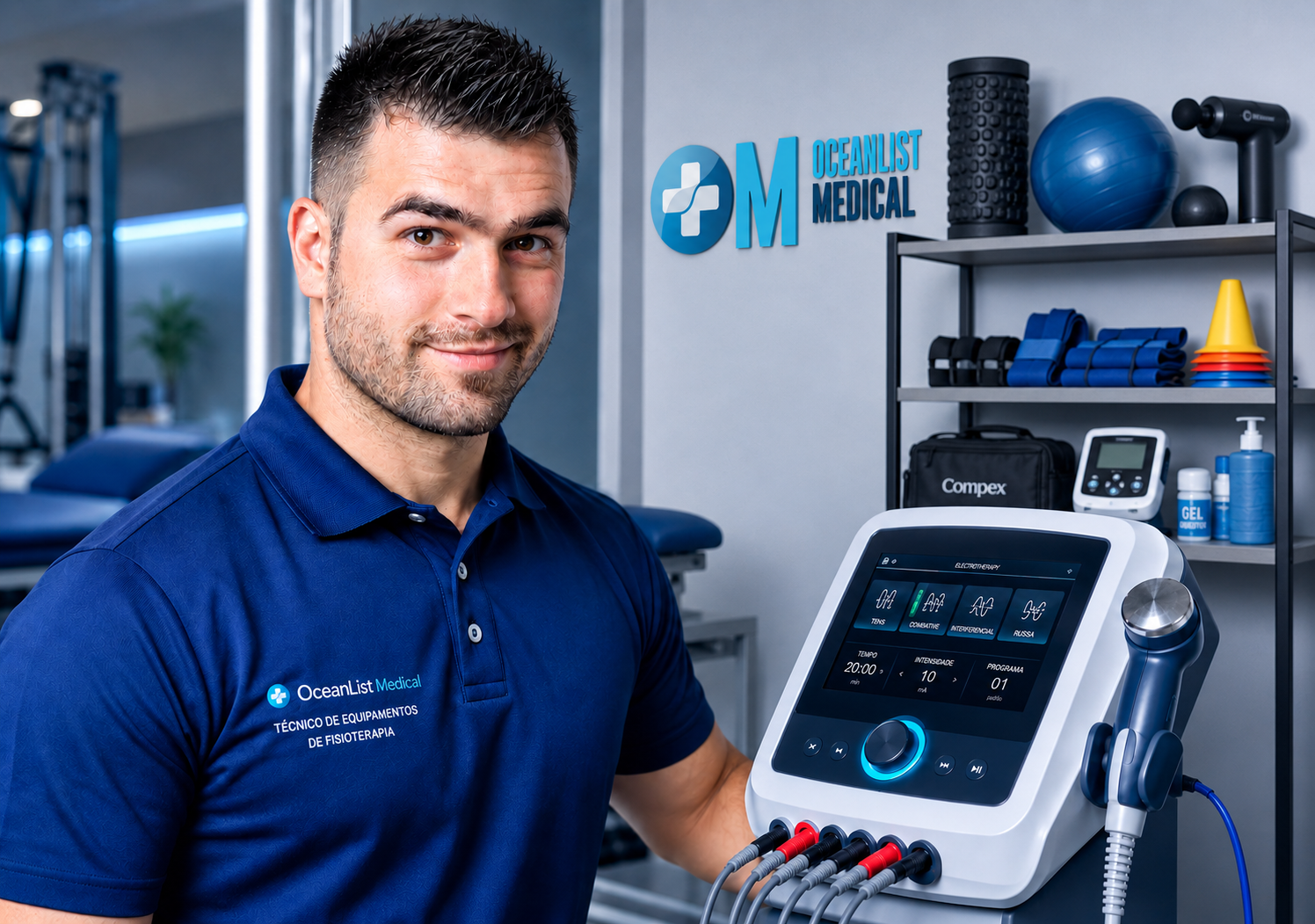 Técnico de equipamentos de fisioterapia na OceanList Medical, ao lado de equipamento médico com tela e acessórios, fundo com prateleira.