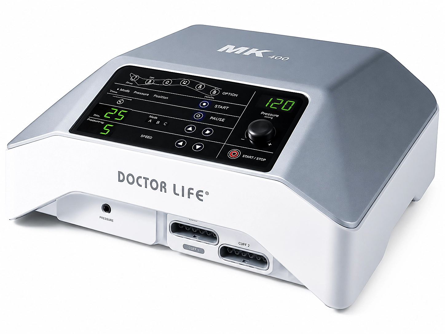 Profissional de saúde apresenta equipamento de fisioterapia a pacientes em sala moderna, com monitores e tela “Oceanlist Medical”.