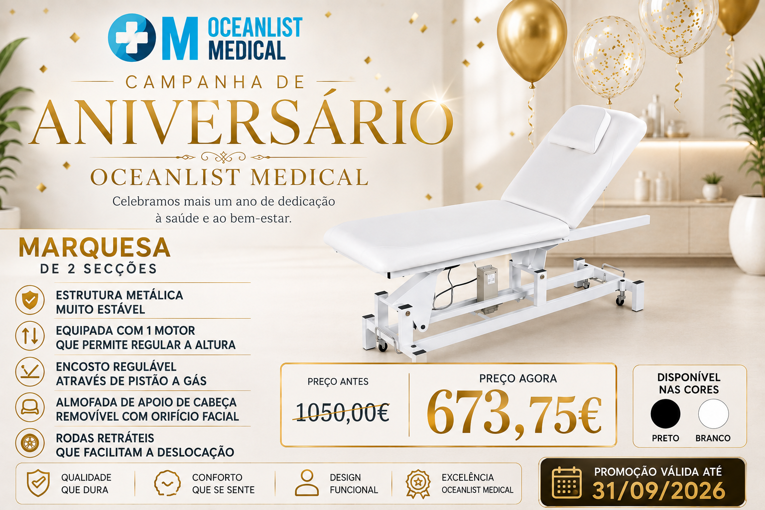 Banner de aniversário Oceanlist Medical com marquesa branca motorizada bipartida, informações de preço e recursos.
