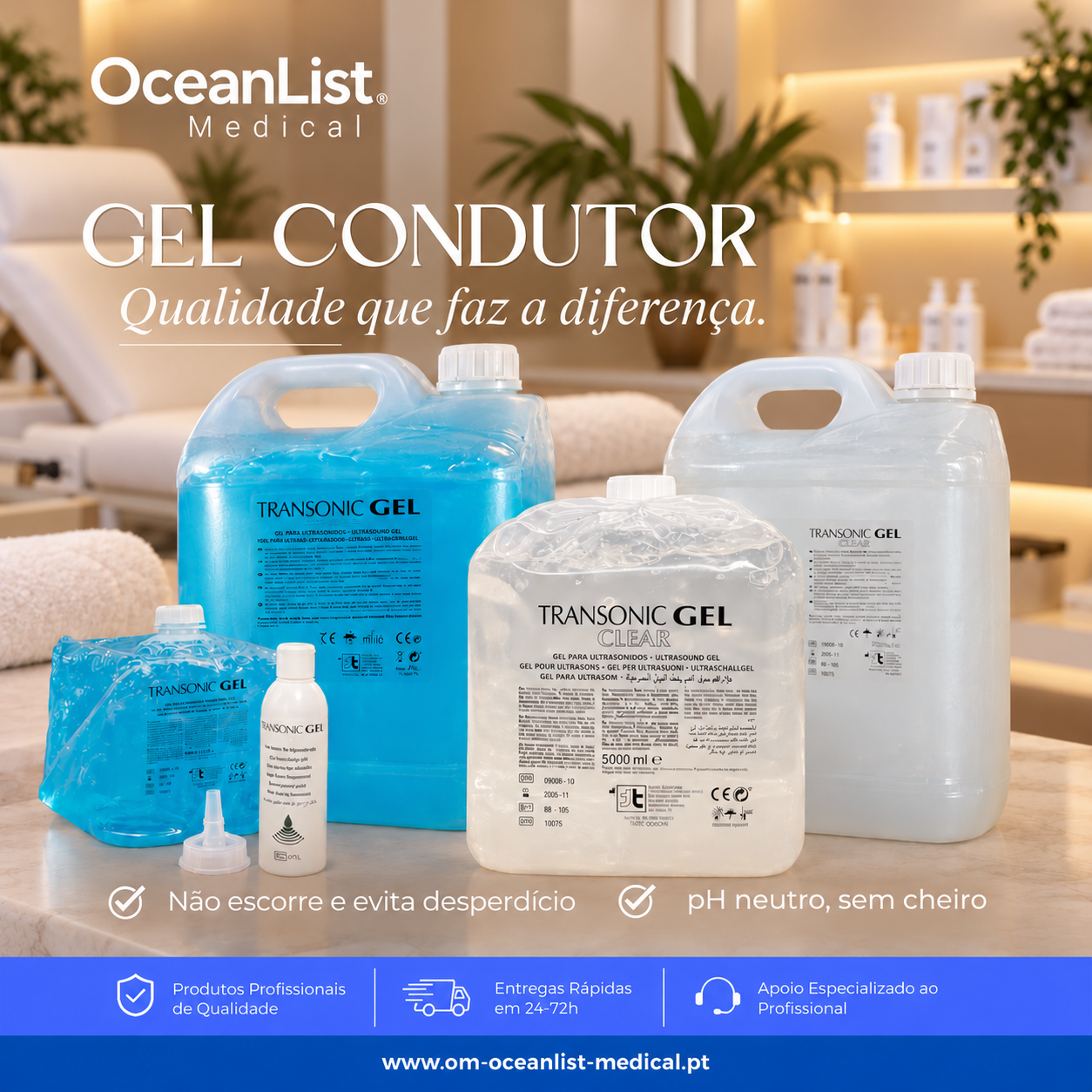 Frascos e galões de gel ultrassônico “Transonic Gel”